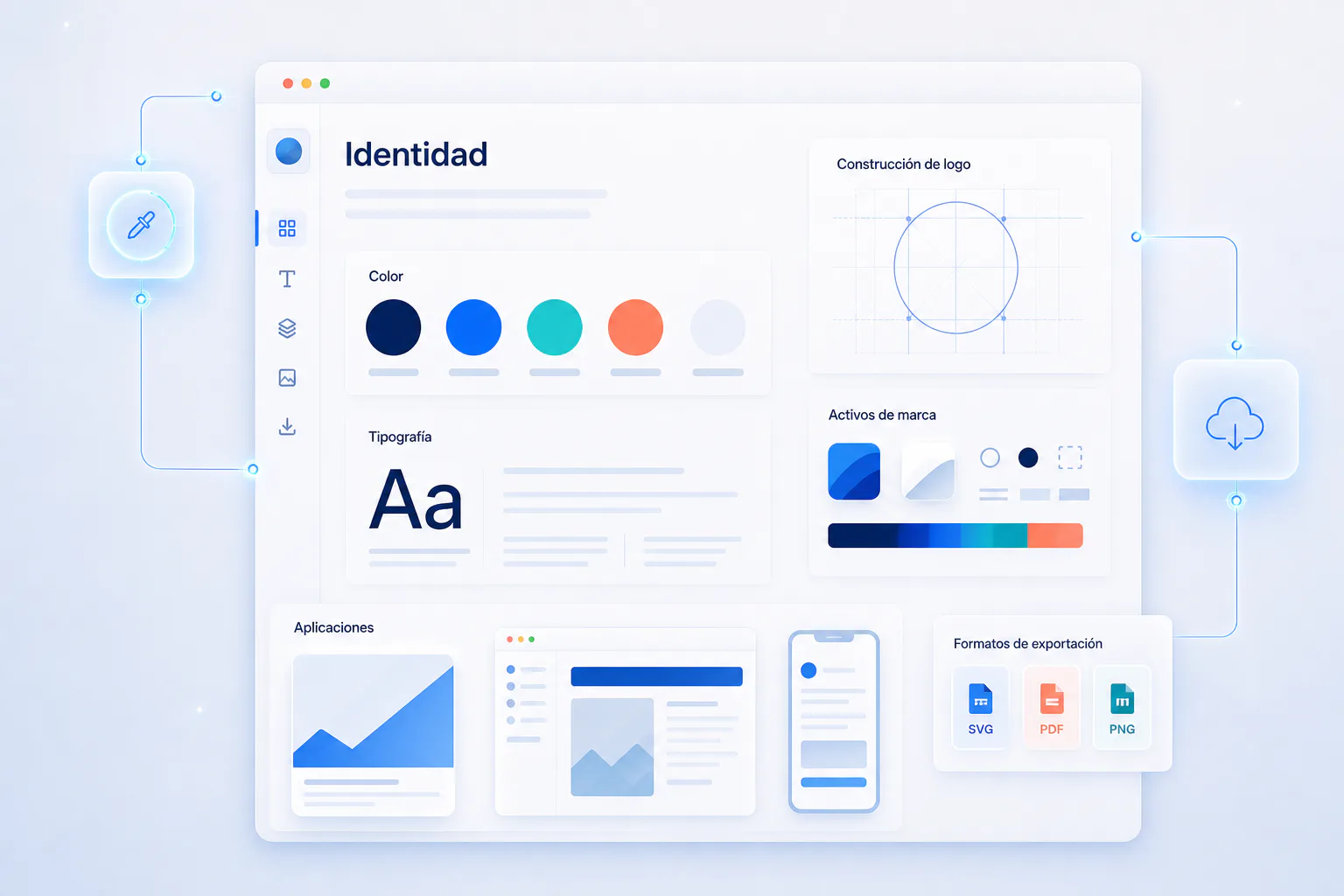 Sistema conceptual de identidad visual con color, tipografía y aplicaciones