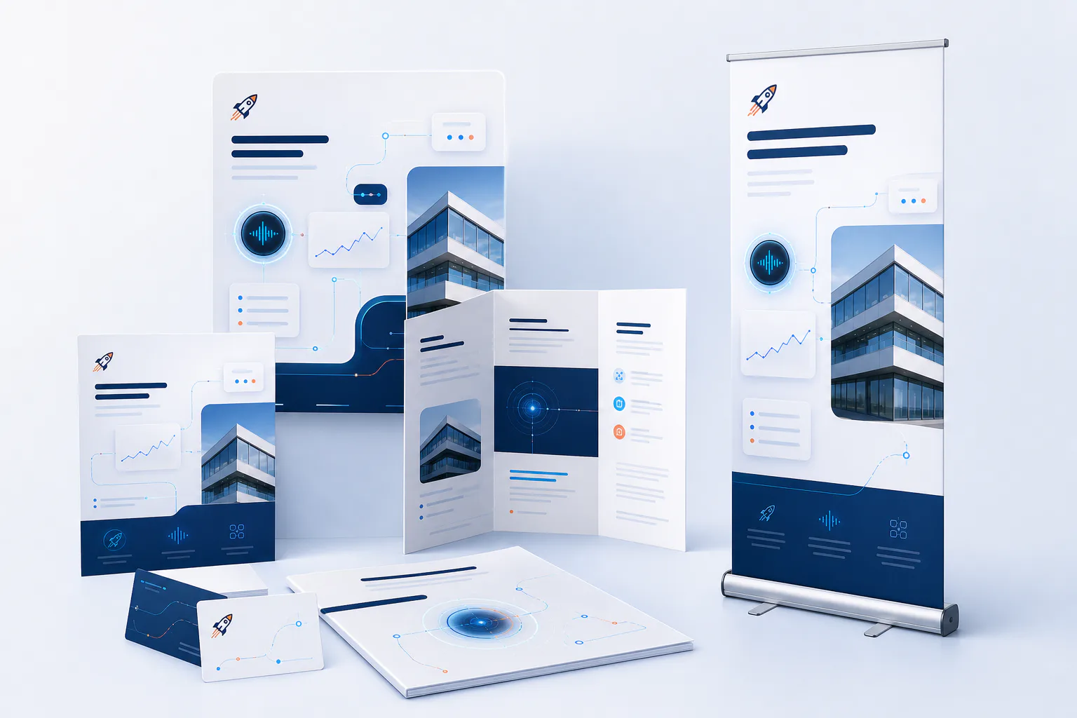 Mockups de flyers, folletos, tarjetas y roll-up coordinados